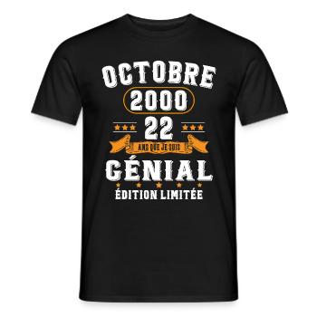 22 Ans Anniversaire Vintage Né(e) en Octobre 2000 - T-shirt homme - noir - Devant - AI Model Male 178 light (178cm)