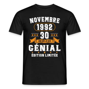 30 Ans Anniversaire Vintage Né(e) en Novembre 1992 - T-shirt homme - noir - Devant - AI Model Male 178 light (178cm)