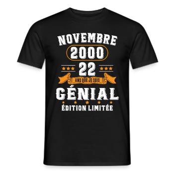 22 Ans Anniversaire Vintage Né(e) en Novembre 2000 - T-shirt homme - noir - Devant - AI Model Male 178 light (178cm)
