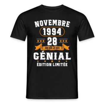 28 Ans Anniversaire Vintage Né(e) en Novembre 1994 - T-shirt homme - noir - Devant - AI Model Male 178 light (178cm)