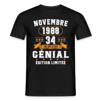 34 Ans Anniversaire Vintage Né(e) en Novembre 1988 - T-shirt homme - noir - Devant - AI Model Male 178 light (178cm)