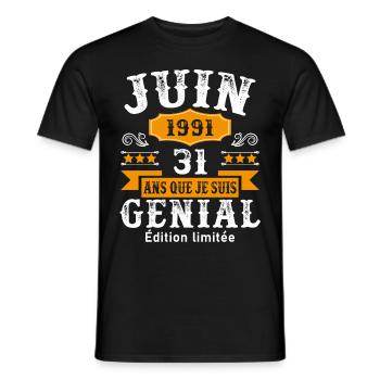 31 Ans Anniversaire Vintage Né(e) en Juin 1991 - T-shirt homme - noir - Devant - AI Model Male 178 light (178cm)