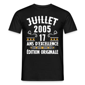 17 Ans Anniversaire Vintage Né(e) en Juillet 2005 - T-shirt homme - noir - Devant - AI Model Male 178 light (178cm)