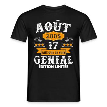 17 Ans Anniversaire Vintage Né(e) en Août 2005 - T-shirt homme - noir - Devant - AI Model Male 178 light (178cm)