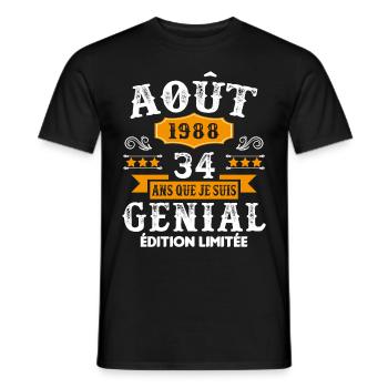34 Ans Anniversaire Vintage Né(e) en Août 1988 - T-shirt homme - noir - Devant - AI Model Male 178 light (178cm)