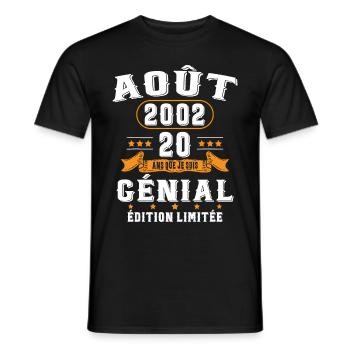 20 Ans Anniversaire Vintage Né(e) en Août 2002 - T-shirt homme - noir - Devant - AI Model Male 178 light (178cm)