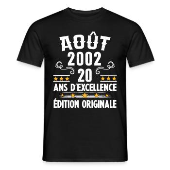 20 Ans Anniversaire Vintage Né(e) en Août 2002 - T-shirt homme - noir - Devant - AI Model Male 178 light (178cm)