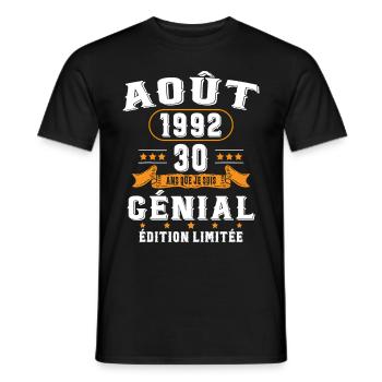30 Ans Anniversaire Vintage Né(e) en Août 1992 - T-shirt homme - noir - Devant - AI Model Male 178 light (178cm)