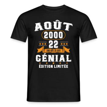 22 Ans Anniversaire Vintage Né(e) en Août 2000 - T-shirt homme - noir - Devant - AI Model Male 178 light (178cm)