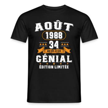 34 Ans Anniversaire Vintage Né(e) en Août 1988 - T-shirt homme - noir - Devant - AI Model Male 178 light (178cm)