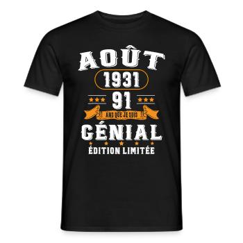 91 Ans Anniversaire Vintage Né(e) en Août 1931 - T-shirt homme - noir - Devant - AI Model Male 178 light (178cm)