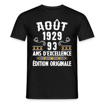 93 Ans Anniversaire Vintage Né(e) en Août 1929 - T-shirt homme - noir - Devant - AI Model Male 178 light (178cm)