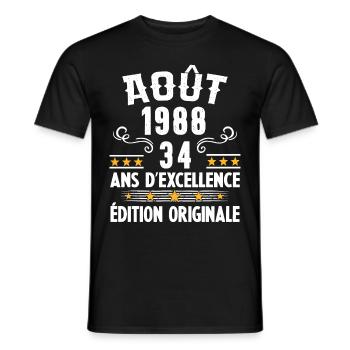 34 Ans Anniversaire Vintage Né(e) en Août 1988 - T-shirt homme - noir - Devant - AI Model Male 178 light (178cm)