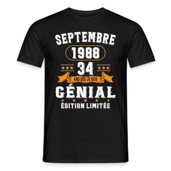 34 Ans Anniversaire Vintage Né(e) Septembre 1988 - T-shirt homme - noir - Devant - AI Model Male 178 light (178cm)