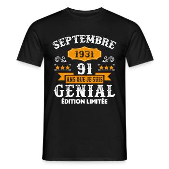 91 Ans Anniversaire Vintage Né(e) Septembre 1931 - T-shirt homme - noir - Devant - AI Model Male 178 light (178cm)