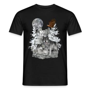 Loups sur les rochers avec aigle et lune - T-shirt homme - noir - Devant - AI Model Male 178 light (178cm)