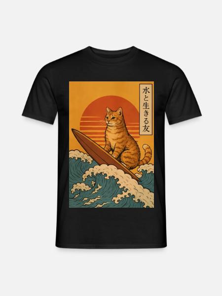 Lustig Katze Surfen Surfboard Japanisch Anime - Männer T-Shirt - Schwarz