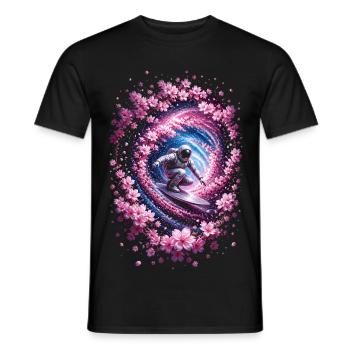Astronaute surf dans un vortex, fleurs de cerisier - T-shirt homme - noir - Devant - AI Model Male 178 light (178cm)