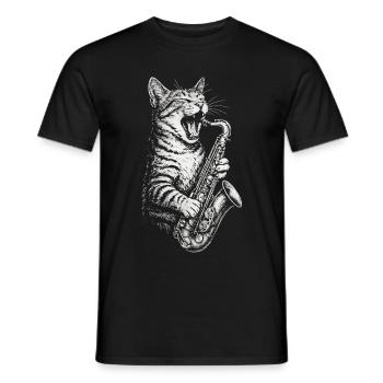 Cool Cat Playing Saxophone Jazz Music - Men's T-Shirt - black - Front - AI Model Male 178 light (178cm)