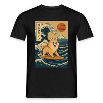 Chien de Poméranie Amoureux Surf Grande Vague Mont Fuji - T-shirt homme - noir - Devant - AI Model Male 178 light (178cm)