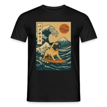 Carlin Chien Amoureux Surf Japonais Vague Mont Fuji Art - T-shirt homme - noir - Devant - AI Model Male 178 light (178cm)