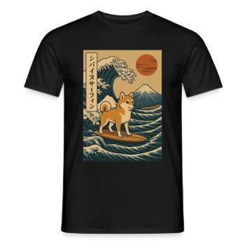 Shiba Inu Dog Surfing Japanese Wave Art Mount Fuji - Men's T-Shirt - black - Front - AI Model Male 178 light (178cm)