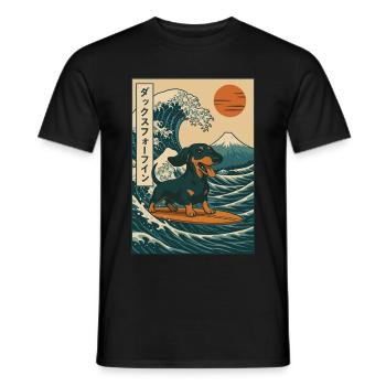 Dachshund Dog Lover Surfing Japanese Wave Art - Men's T-Shirt - black - Front - AI Model Male 178 light (178cm)