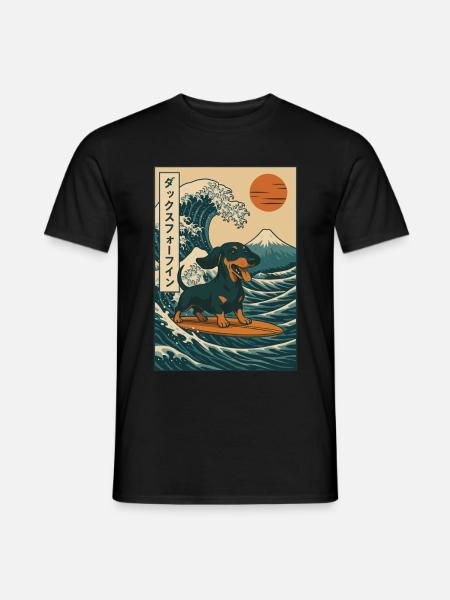 Mäyräkoira Koira Rakastaja Surffaus Japanilainen Aalto Taide - Miesten T-paita - musta