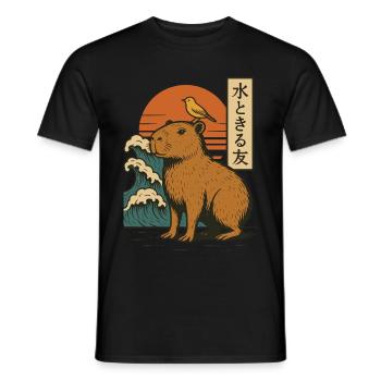 Capybara Bird Waves Sunset Japanese Wave Sunset - Men's T-Shirt - black - Front - AI Model Male 178 light (178cm)