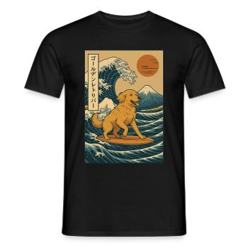 Golden Retriever Dog Surfing Wave Japanese Style - Men's T-Shirt - black - Front - AI Model Male 178 light (178cm)