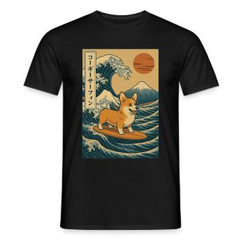 Corgi Dog Surfing Wave Mount Fuji Japanese Art - Men's T-Shirt - black - Front - AI Model Male 178 light (178cm)
