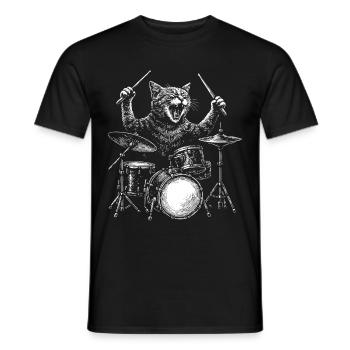 Schlagzeuger Katze Tier Schlagzeug Set Musiker Perkussion - Männer T-Shirt - Schwarz - Vorne - AI Model Male 178 light (178cm)