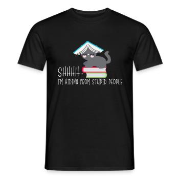 Cat Reading Nerd hide behind the book - Men's T-Shirt - black - Front - AI Model Male 178 light (178cm)