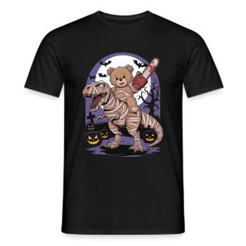 Teddy bear riding a dinosaur on Halloween - Men's T-Shirt - black - Front - AI Model Male 178 light (178cm)