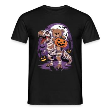 Teddy bear riding a dinosaur on Halloween - Men's T-Shirt - black - Front - AI Model Male 178 light (178cm)