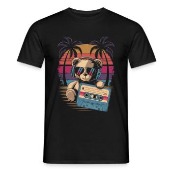 Teddy bear with sunglasses and music cassette - Men's T-Shirt - black - Front - AI Model Male 178 light (178cm)