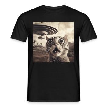 Funny Anxious Cats Selfie UFO Alien - Men's T-Shirt - black - Front - AI Model Male 178 light (178cm)