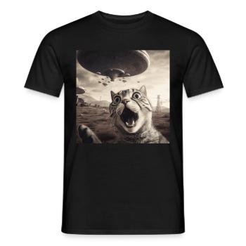Funny Anxious Cats Selfie UFO Alien - Men's T-Shirt - black - Front - AI Model Male 178 light (178cm)