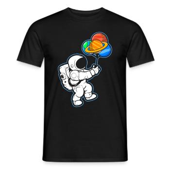 Astronaut Holding Planet Balloons Solar System - Men's T-Shirt - black - Front - AI Model Male 178 light (178cm)