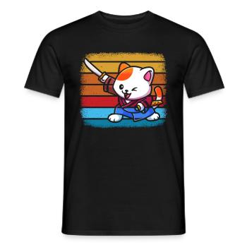 Japanese Samurai Cat Warrior Retro Ninja - Men's T-Shirt - black - Front - AI Model Male 178 light (178cm)