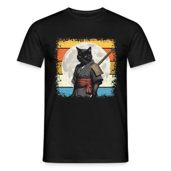 Japanese Samurai Cat Warrior Retro Ninja - Men's T-Shirt - black - Front - AI Model Male 178 light (178cm)