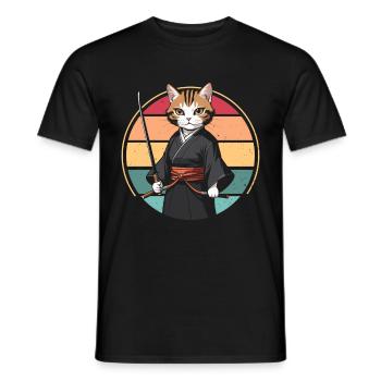 Japanese Samurai Cat Warrior Retro Ninja - Men's T-Shirt - black - Front - AI Model Male 178 light (178cm)