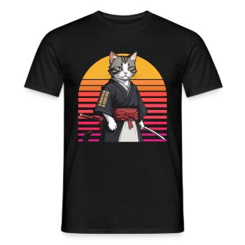 Japanese Samurai Cat Warrior Retro Ninja - Men's T-Shirt - black - Front - AI Model Male 178 light (178cm)