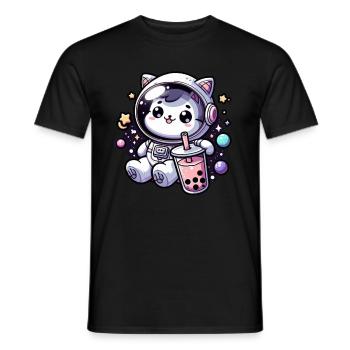Kawaii Cat Astronaut Bubble Tea in Space - Men's T-Shirt - black - Front - AI Model Male 178 light (178cm)