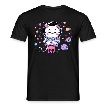 Kawaii Cat Astronaut Bubble Tea in Space - Men's T-Shirt - black - Front - AI Model Male 178 light (178cm)