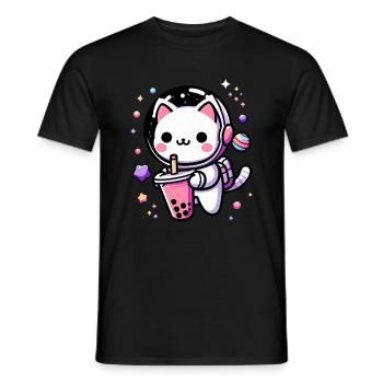 Kawaii Cat Astronaut Bubble Tea in Space - Men's T-Shirt - black - Front - AI Model Male 178 light (178cm)