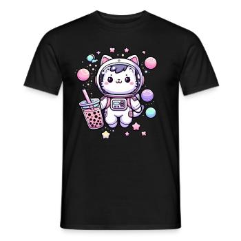 Kawaii Cat Astronaut Bubble Tea in Space - Men's T-Shirt - black - Front - AI Model Male 178 light (178cm)