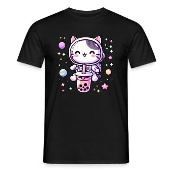 Kawaii Cat Astronaut Bubble Tea in Space - Men's T-Shirt - black - Front - AI Model Male 178 light (178cm)