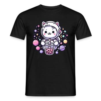 Kawaii Cat Astronaut Bubble Tea in Space - Men's T-Shirt - black - Front - AI Model Male 178 light (178cm)