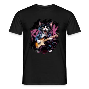 Rock and Roll Cat Guitarist for men-women & kids - Men's T-Shirt - black - Front - AI Model Male 178 light (178cm)